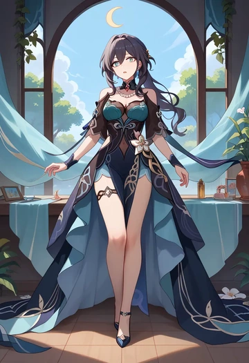 star rail,ruan mei,gothic priestess gown,high slit,embroidered veil  - AI generated anime art